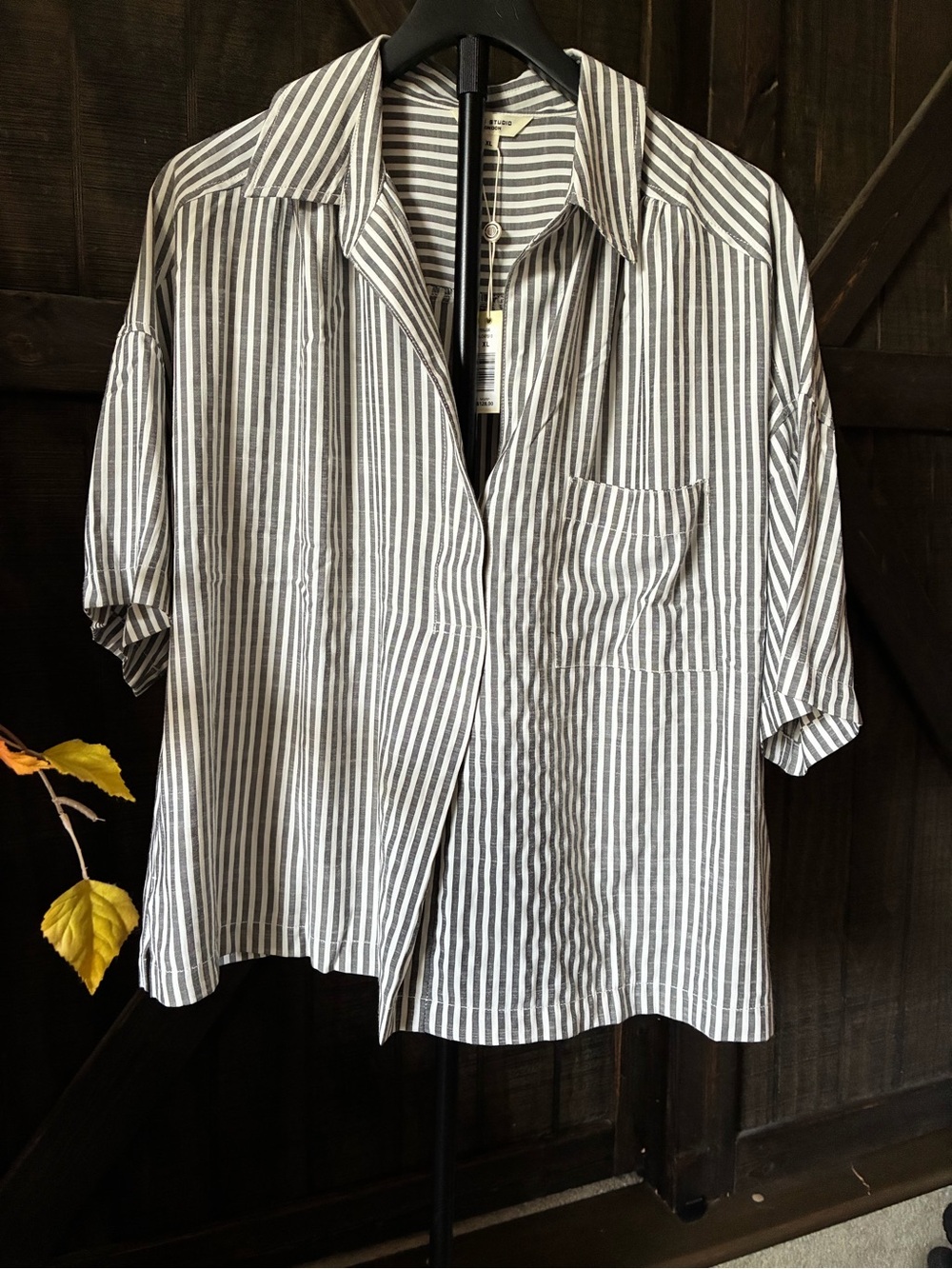 Max Studio Vertical Striped Short-Sleeve Button Shirt - Gray & White